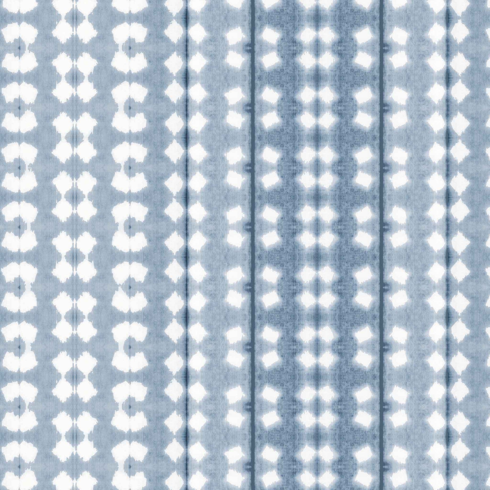 Ombre wallpaper with stripes in dusty blue, showing rhythmic resist-dye details and tonal gradient pattern.