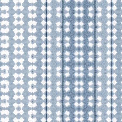 Ombre wallpaper with stripes in dusty blue, showing rhythmic resist-dye details and tonal gradient pattern.