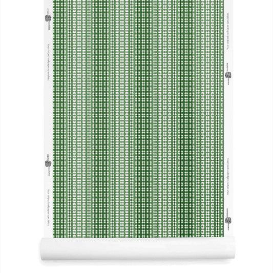 Roll of fern green striped ombre wallpaper with high-contrast detailing and earthy modern charm.