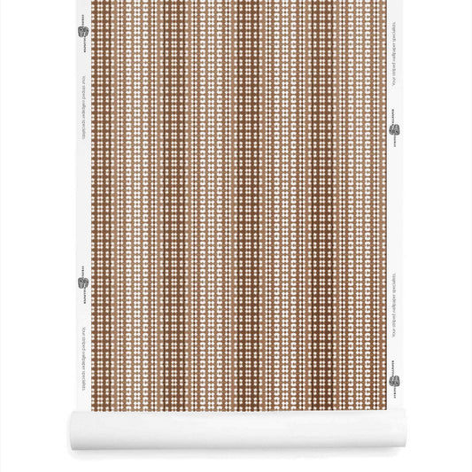 Roll of mocha brown ombre wallpaper with stripes, inspired by shibori and vintage textile traditions.