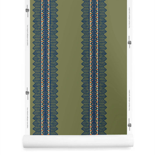 Roll of Aurelia bohemian wallpaper with stripe in moody olive tones for cozy, layered spaces