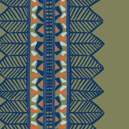 Earthy olive bohemian wallpaper with stripe pattern and hand-painted feel