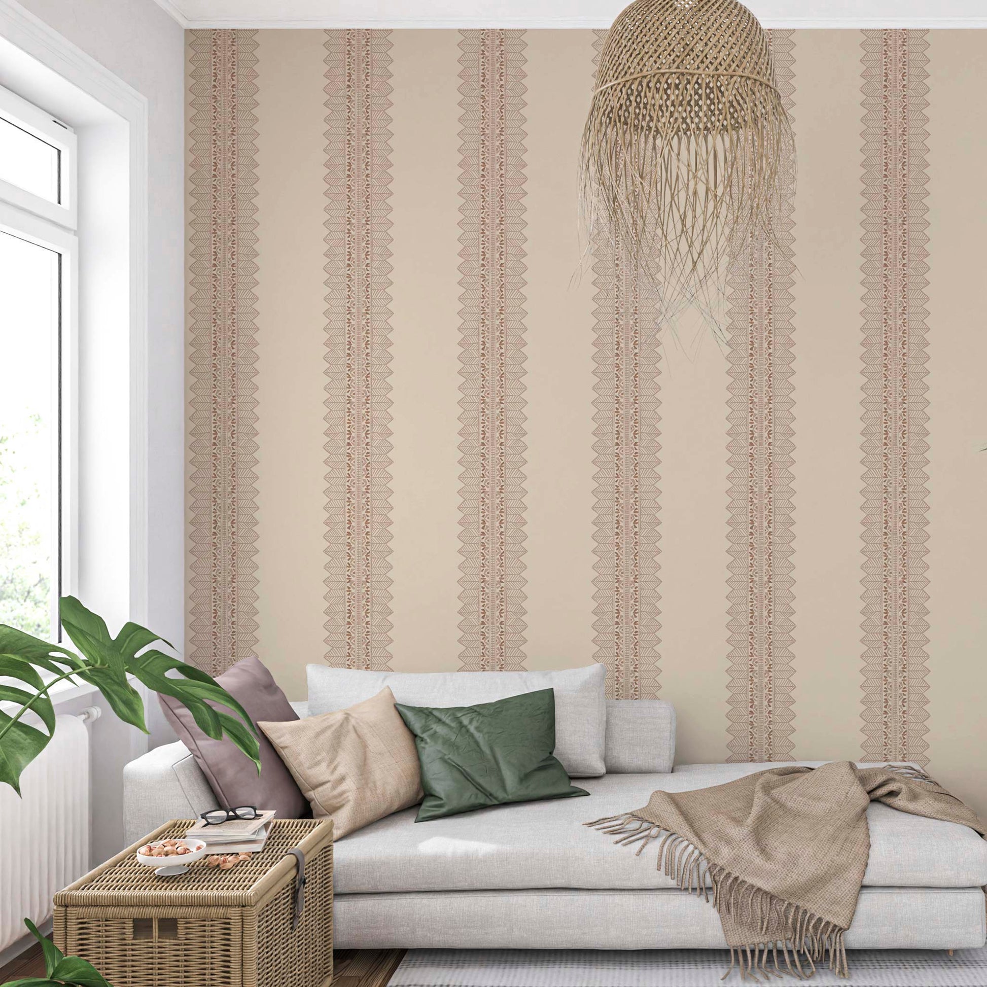 Subtle and organic bohemian striped wallpaper in a light-filled, serene room with natural textures