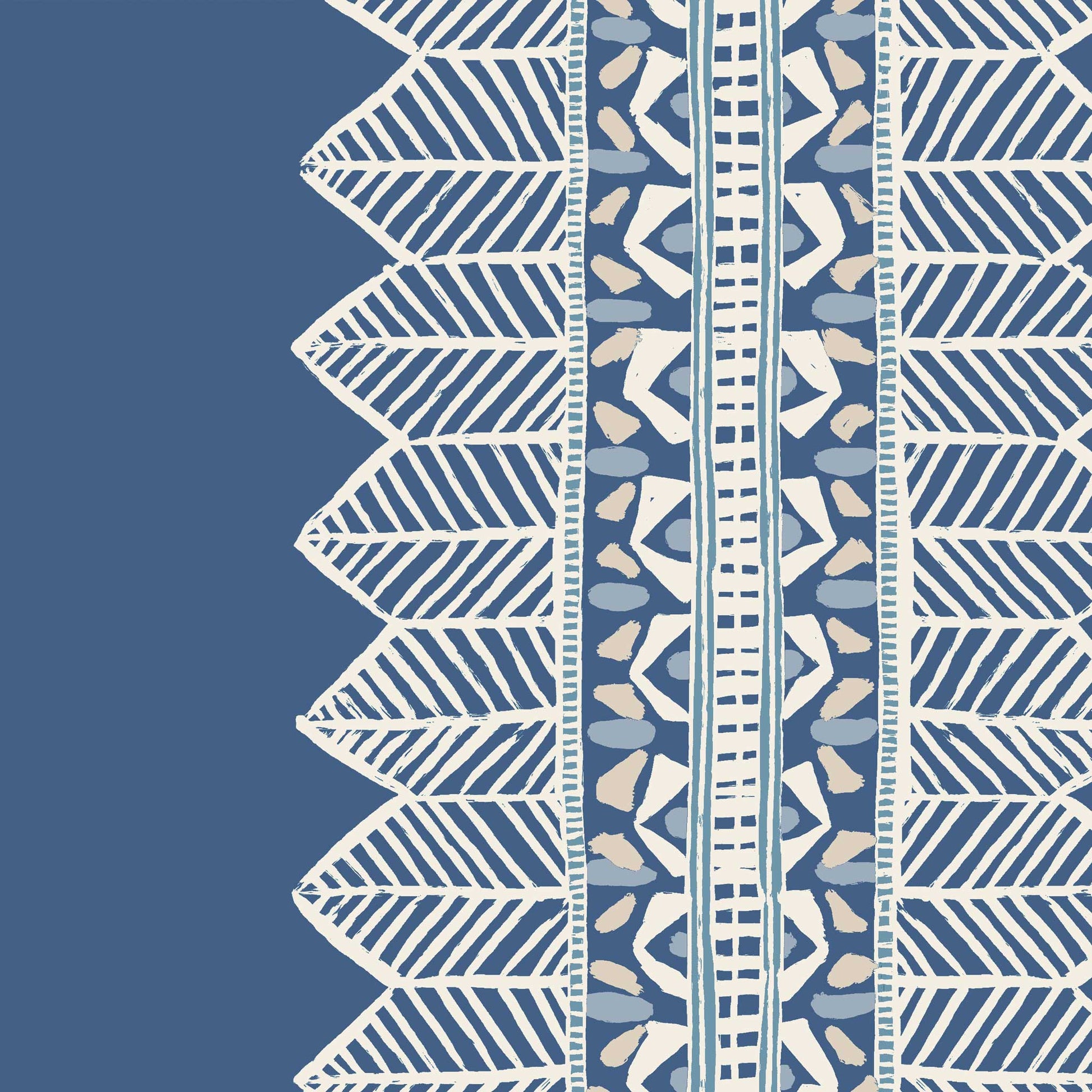 Bohemian wallpaper with stripe in lapis blue showing painterly pattern and blue and white stripes