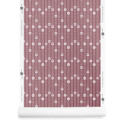 Orchid color roll of modern tribal-inspired wallpaper with fine stripe layout
