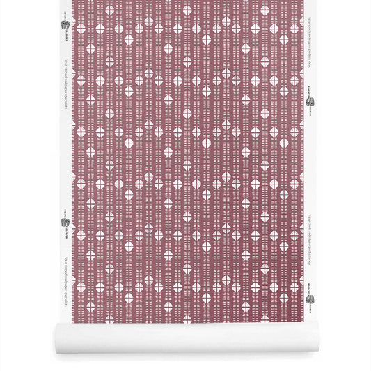 Orchid color roll of modern tribal-inspired wallpaper with fine stripe layout