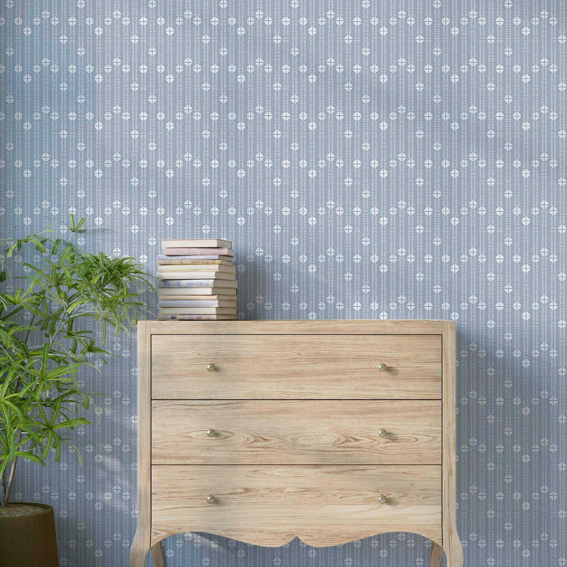 Dusty blue modern folk wallpaper with narrow stripe in child's bedroom or cozy sitting room