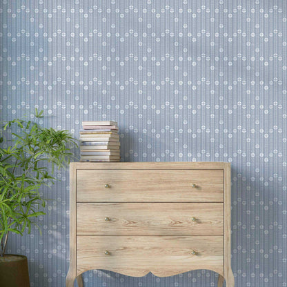 Dusty blue modern folk wallpaper with narrow stripe in child's bedroom or cozy sitting room