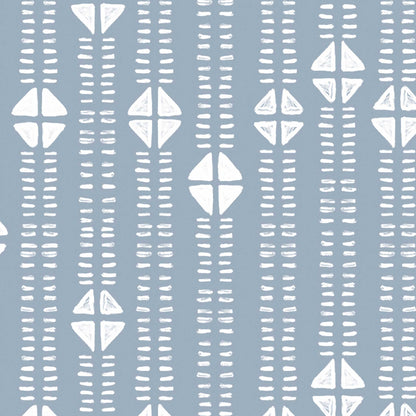 Modern folk mudcloth wallpaper with small stripe in dusty blue, detailed pattern view