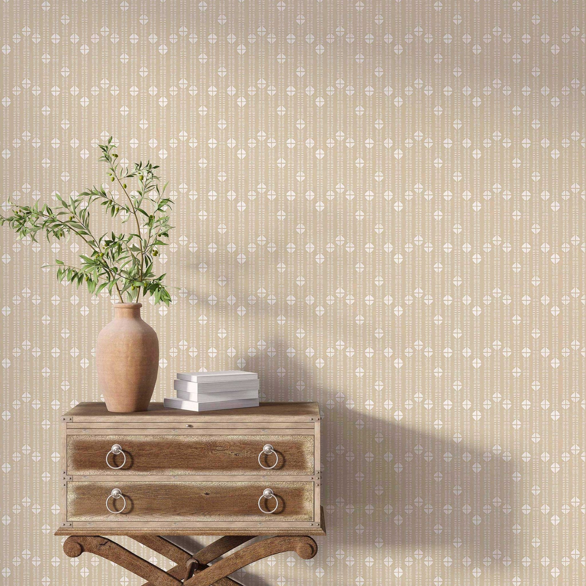 Neutral colored modern folk mudcloth wallpaper with narrow stripe for serene home office