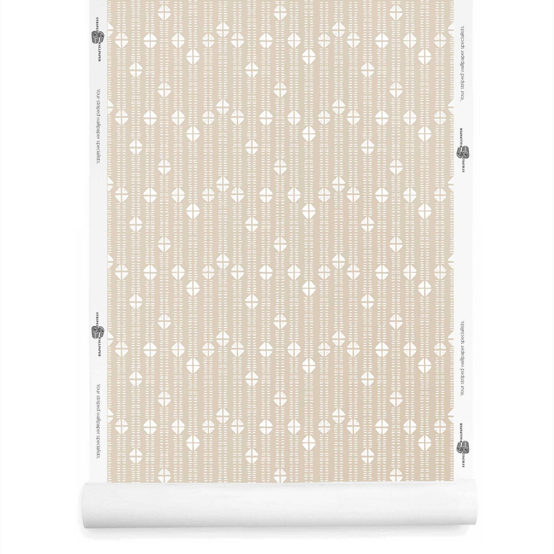 Neutral plaster wallpaper roll featuring small stripe and mudcloth motifs