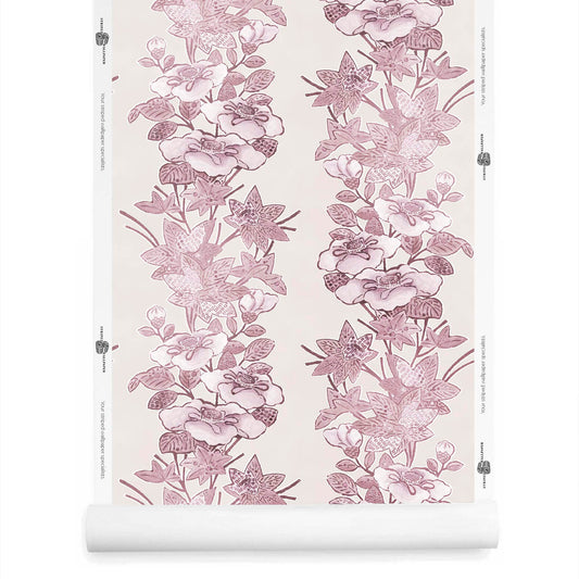 orchid pink striped floral wallpaper roll with hand-drawn blossoms and leaves
