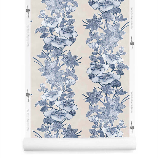 lapis blue striped floral wallpaper roll featuring bold botanical stripes
