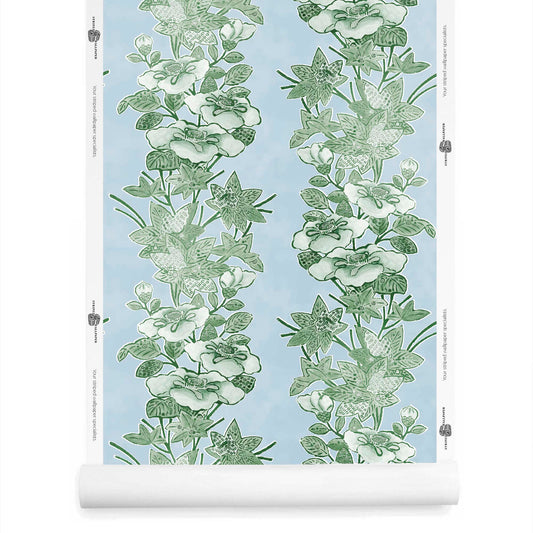 fern green striped floral wallpaper roll with leafy botanical stripes