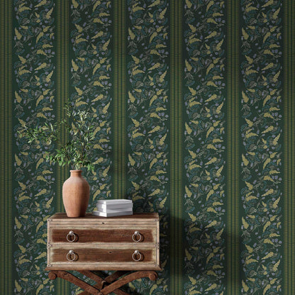 dark green small floral wallpaper with stripe in styled bed room interior