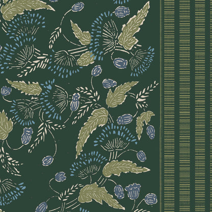 A small floral wallpaper with stripe in dark green – tossed floral pattern with vertical stripe detail