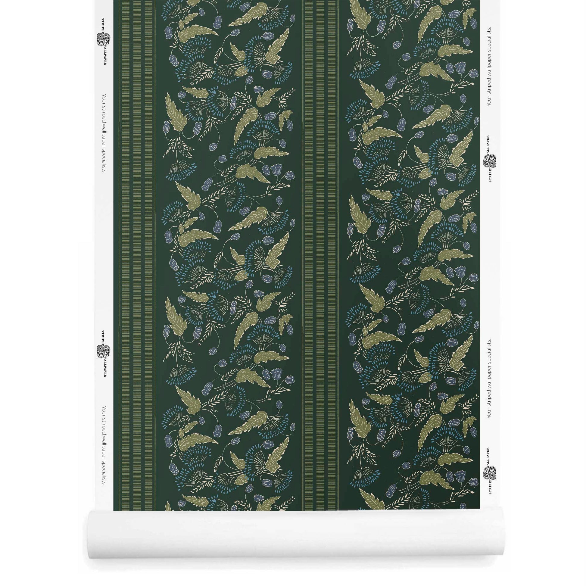 A roll of small floral wallpaper with stripe in dark green – Clara pattern