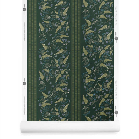 A roll of small floral wallpaper with stripe in dark green – Clara pattern