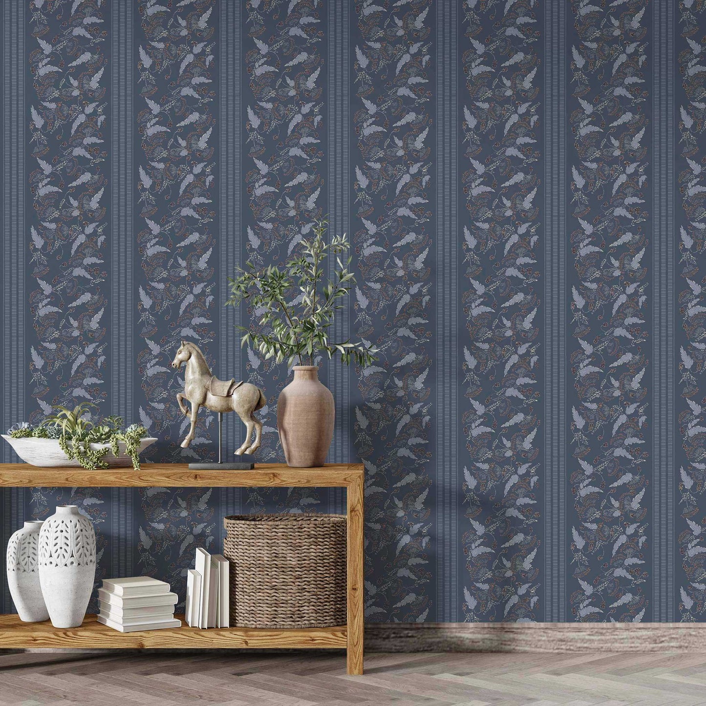 A denim small floral wallpaper with stripe in light-filled hallway, entry hall or transitional space