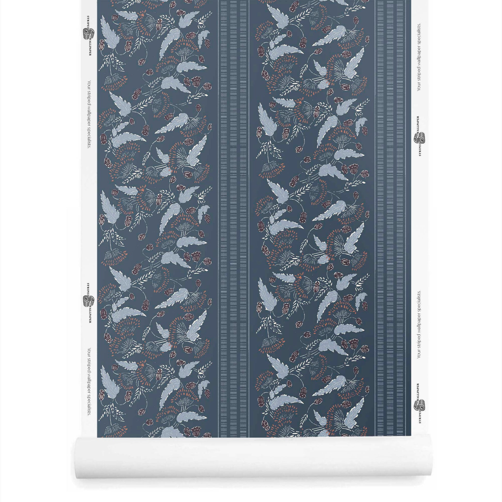 A roll of small floral wallpaper with stripe in denim blue – Clara pattern with light blue and orange flowers