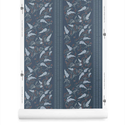 A roll of small floral wallpaper with stripe in denim blue – Clara pattern with light blue and orange flowers
