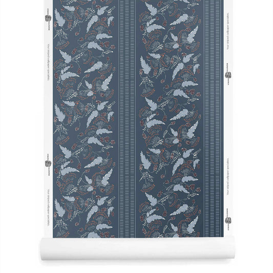 A roll of small floral wallpaper with stripe in denim blue – Clara pattern with light blue and orange flowers