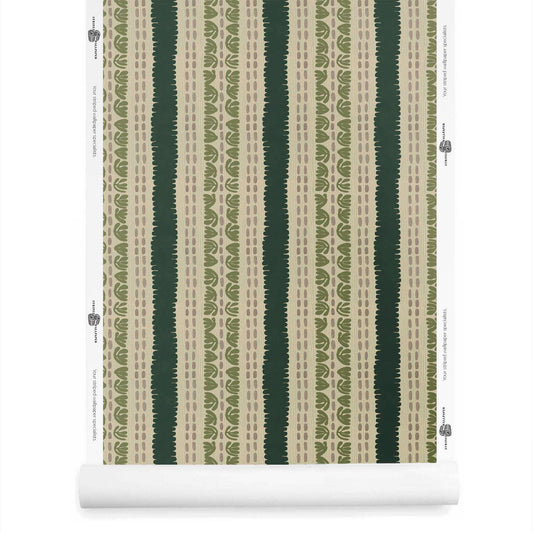 Earthy green freeform striped wallpaper roll with hand-drawn linework