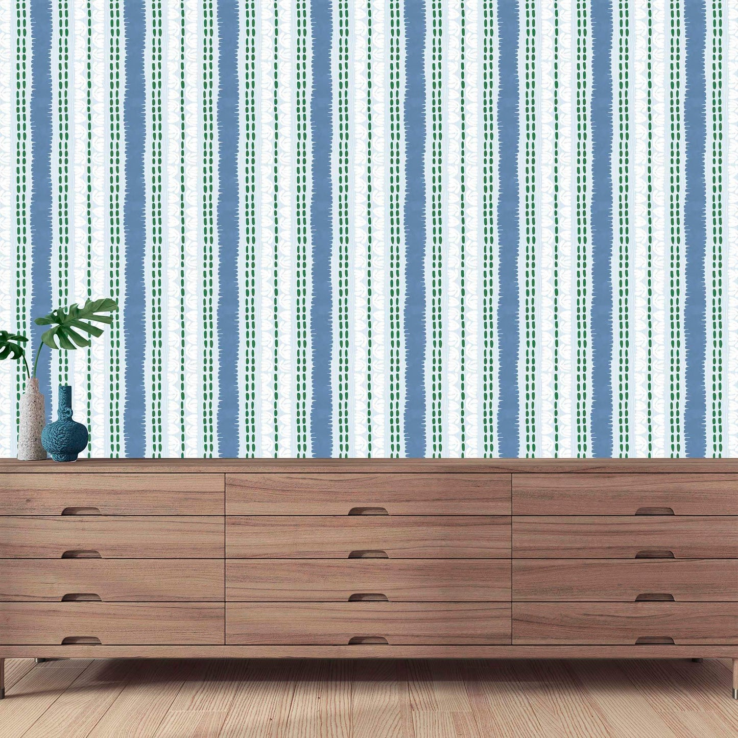 Lapis blue freeform stripe wallpaper adds bold, painterly rhythm to a playful interior