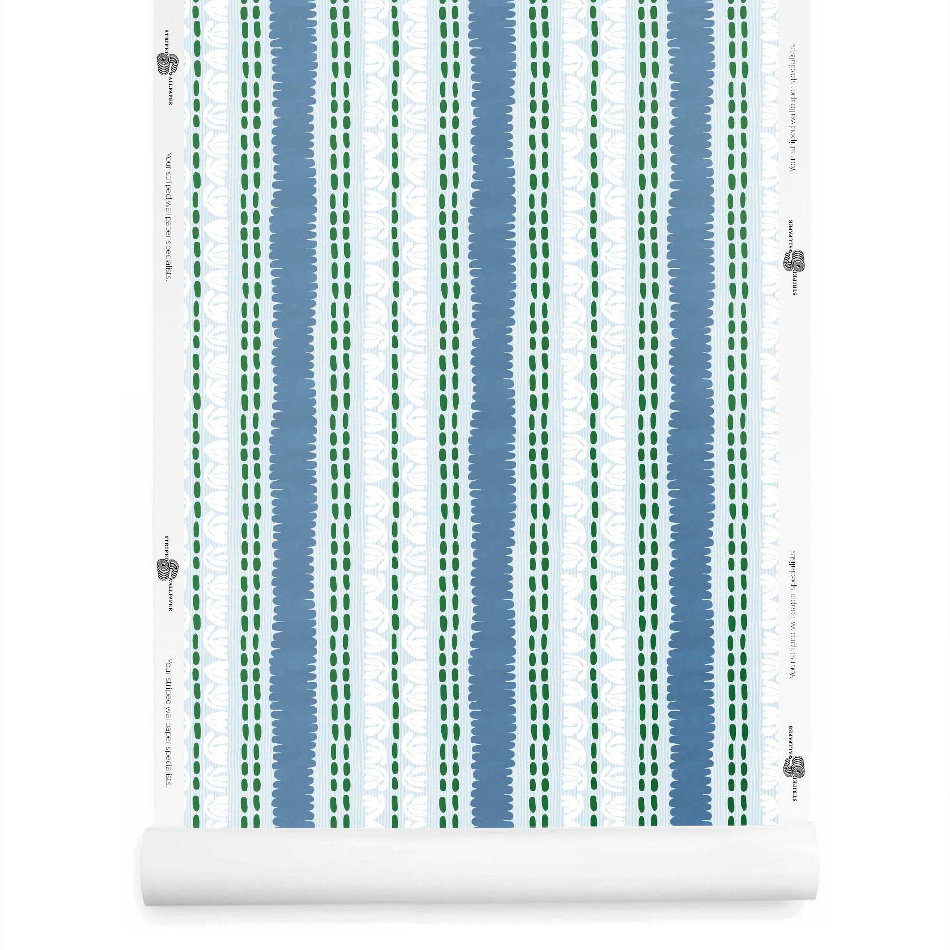 Artistic striped wallpaper roll in deep lapis blue with expressive, uneven lines