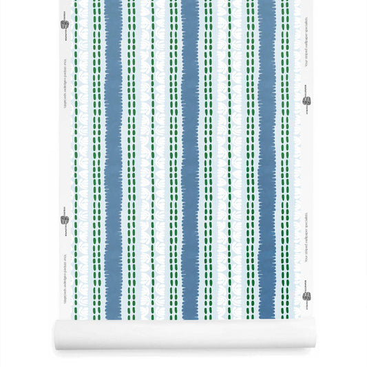 Artistic striped wallpaper roll in deep lapis blue with expressive, uneven lines