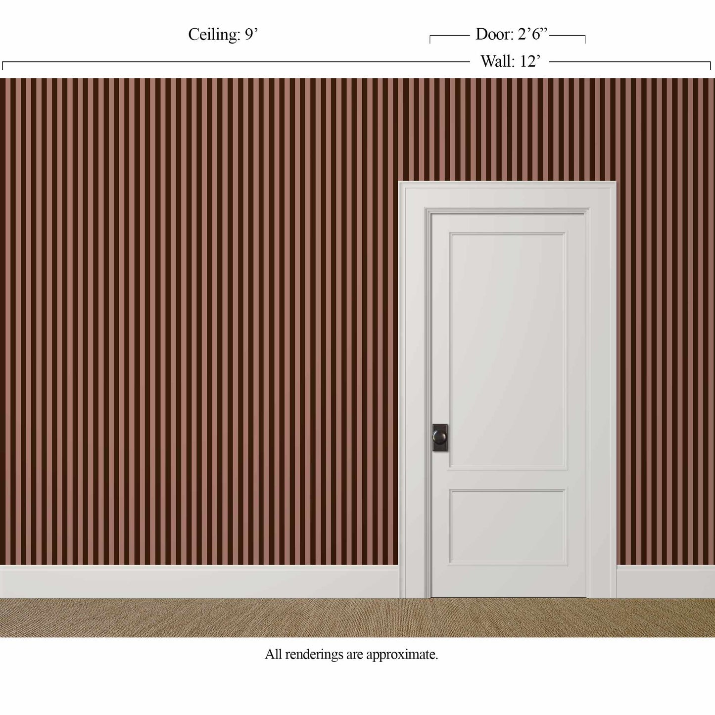 Warm brown striped wallpaper with 1 inch stripes in a calm, lived-in interior