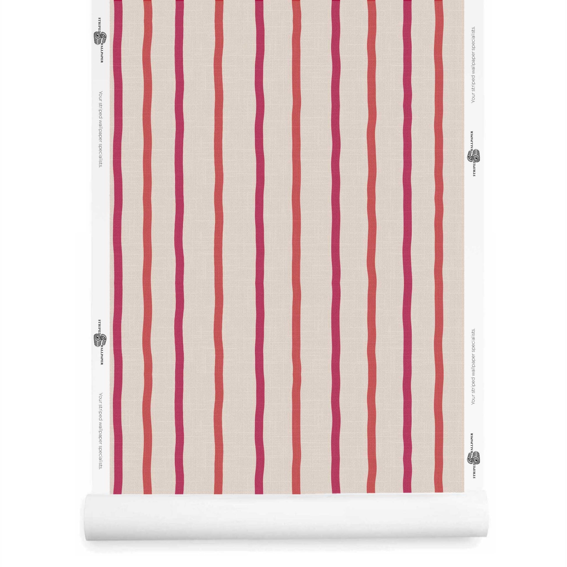 Whimsical red and off-white striped wallpaper with linen finish roll – Earlham
