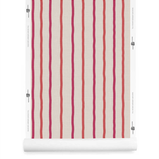 Whimsical red and off-white striped wallpaper with linen finish roll – Earlham