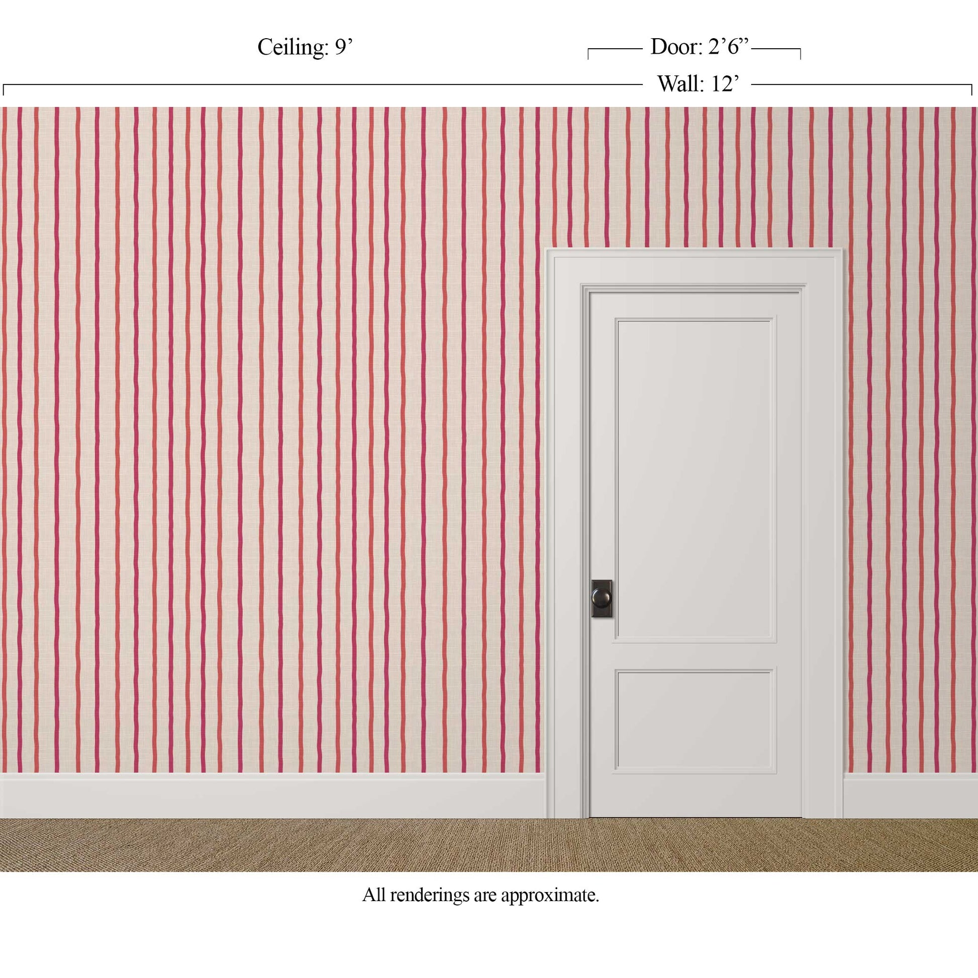 Painterly red and off-white striped wallpaper with linen finish in a creative powder room