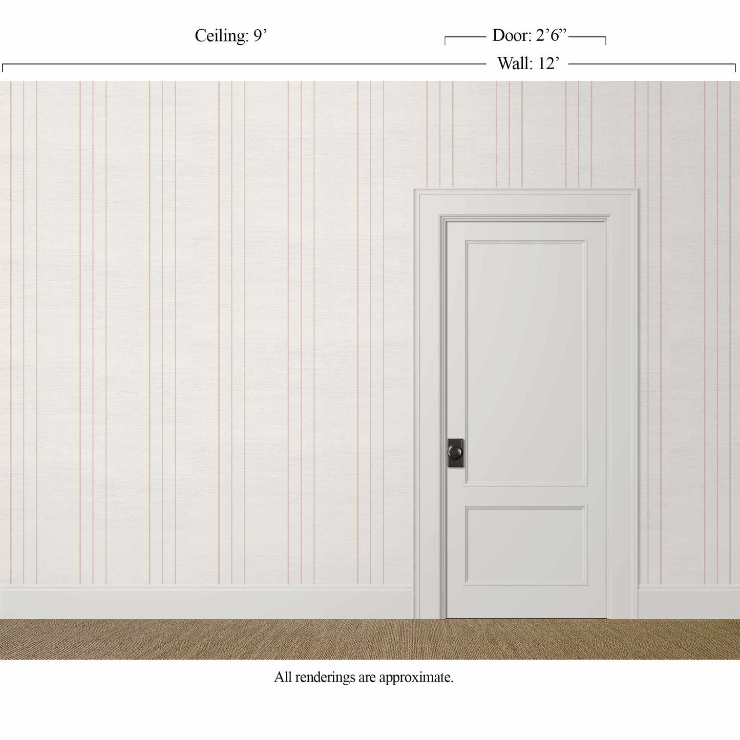 White pinstripe wallpaper with silk finish and blush-taupe stripes in a tailored neutral room