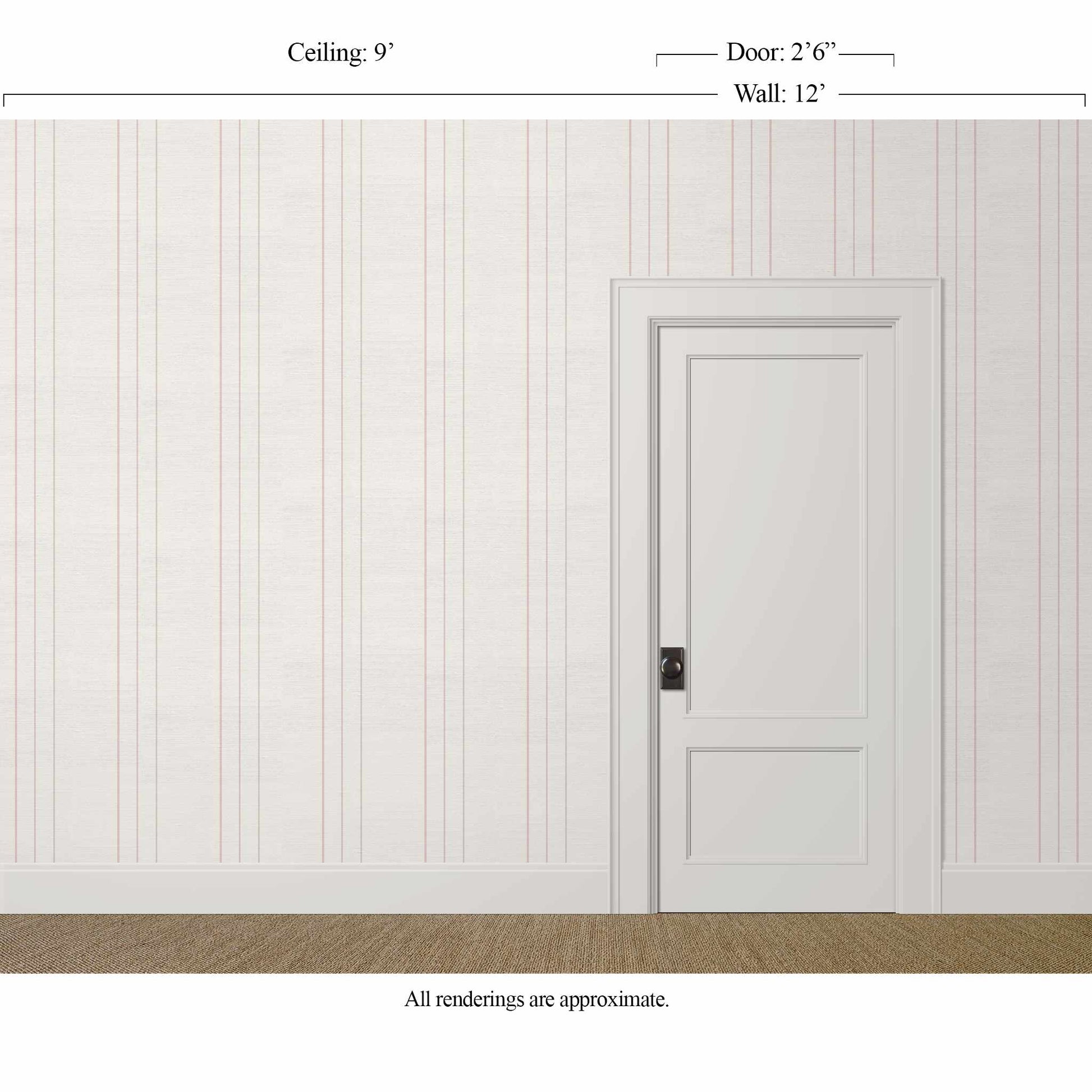 White pinstripe wallpaper with silk finish and blush-taupe stripes in a tailored neutral room