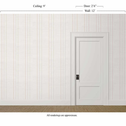 White pinstripe wallpaper with silk finish and blush-taupe stripes in a tailored neutral room