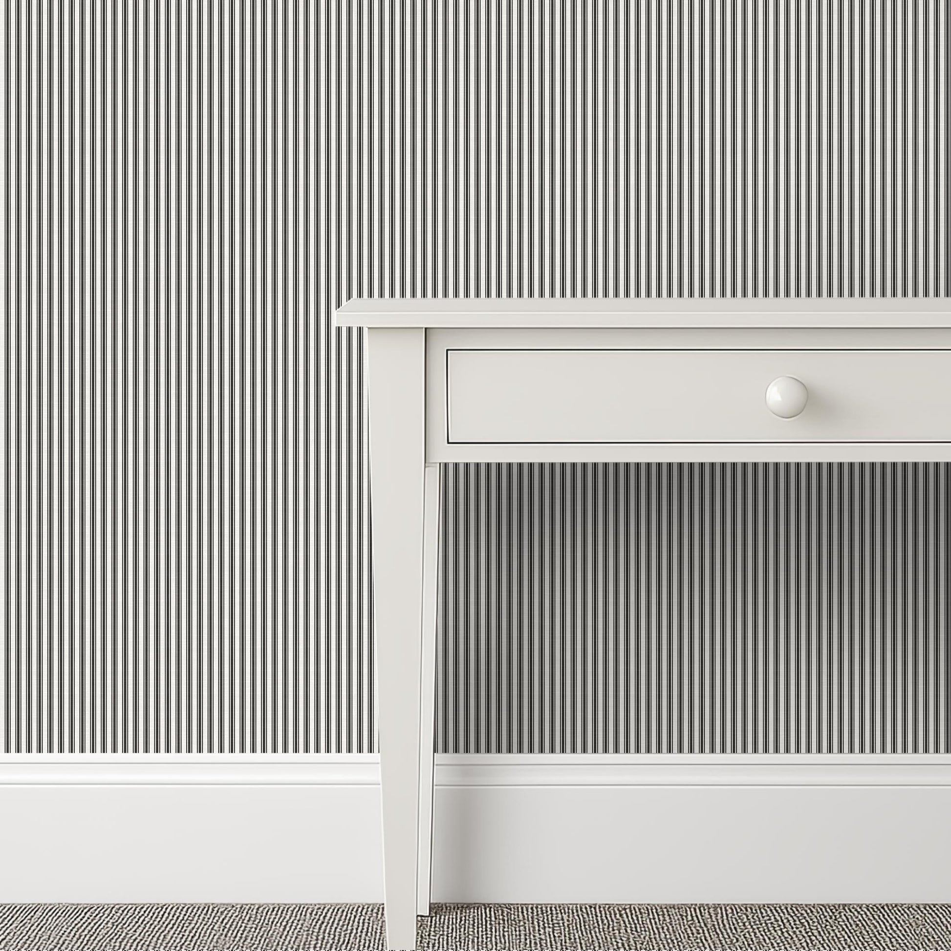 Traditional white and black French ticking stripe wallpaper with linen finish in a classic kitchen – Meadowbrook