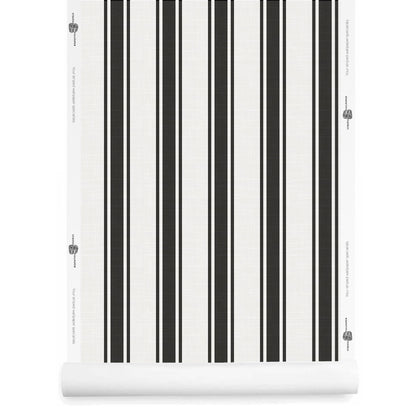 White and black striped wallpaper roll with linen texture and resort-prep style – La Solana