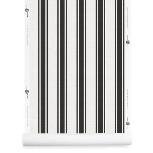 White and black striped wallpaper roll with linen texture and resort-prep style – La Solana