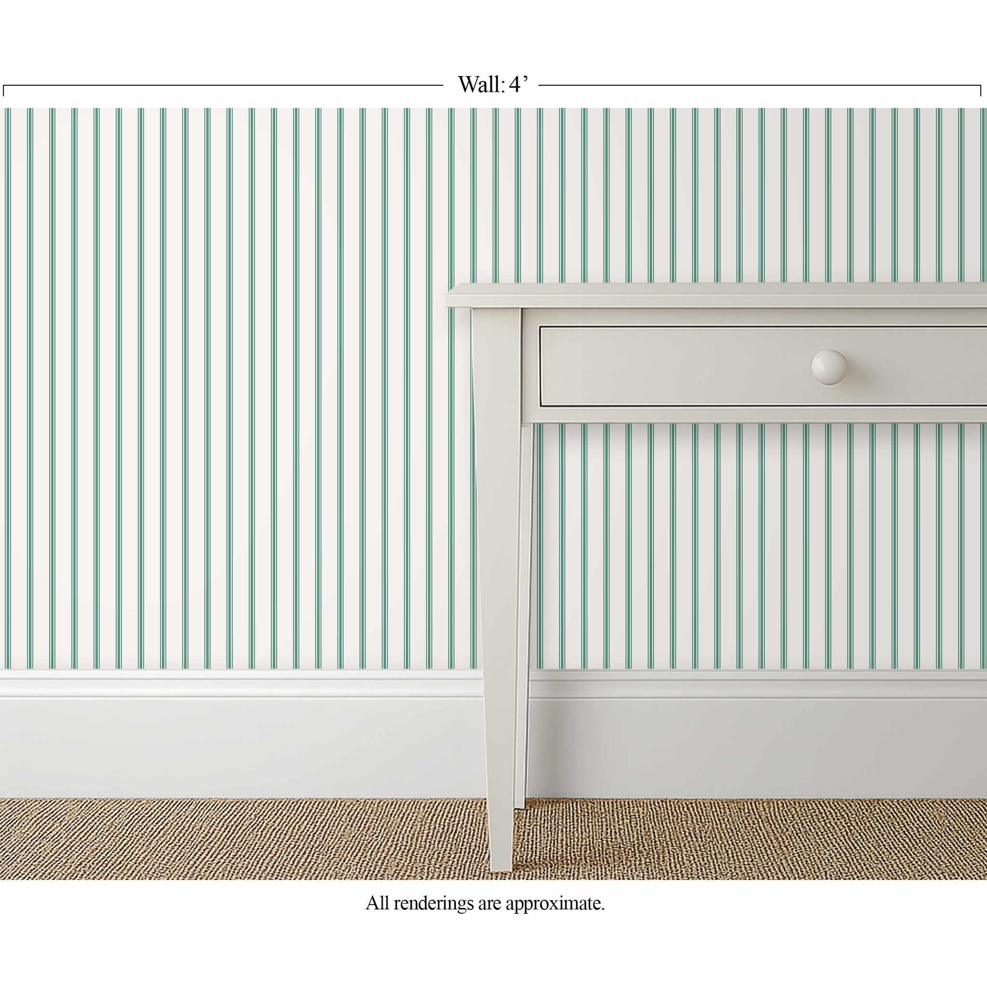 Fine white and teal ticking stripe wallpaper in a traditional bedroom