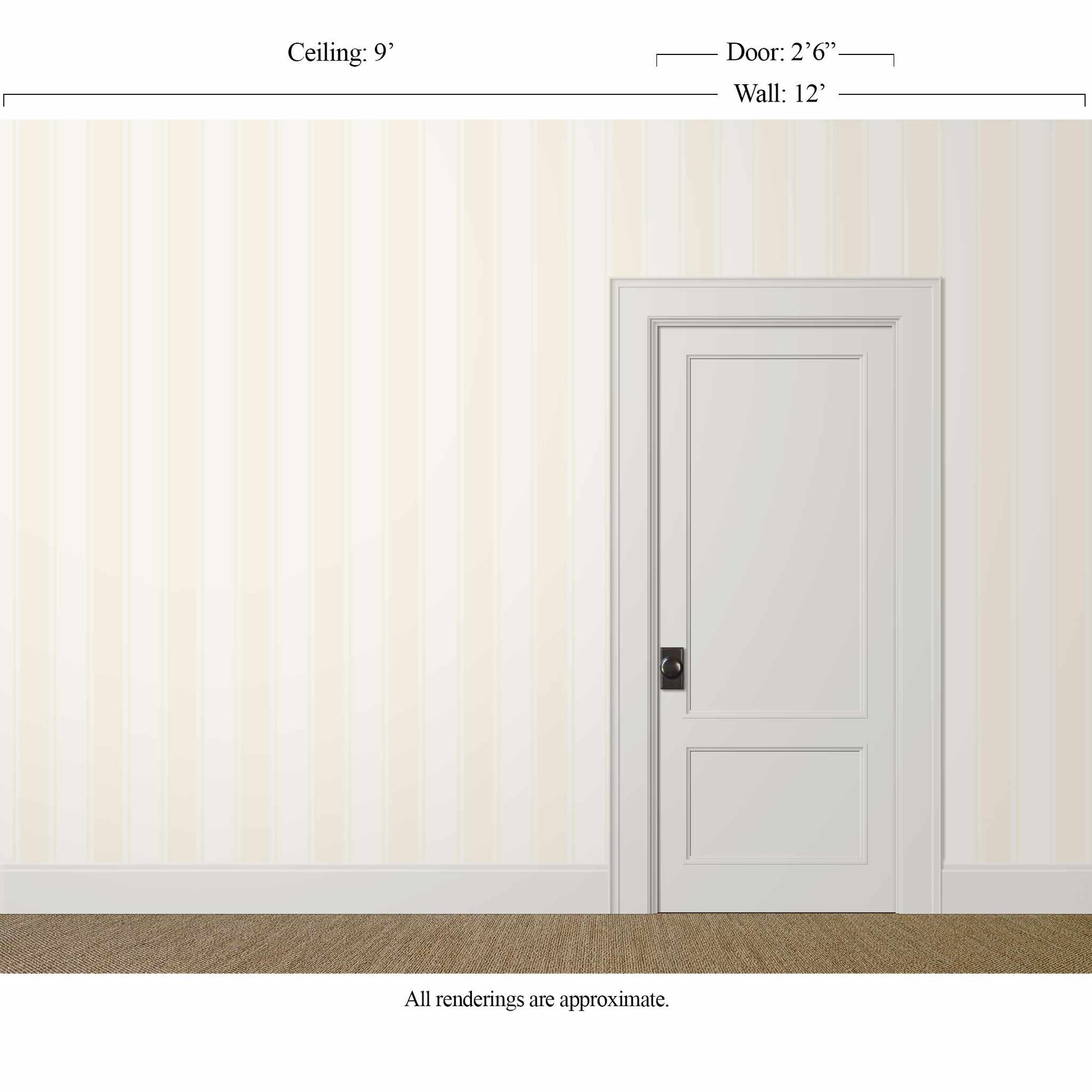 Large-scale white on white striped wallpaper in a tailored neutral bedroom