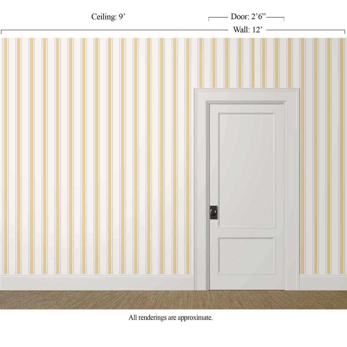 Narrow yellow and grey striped wallpaper in a bright home office