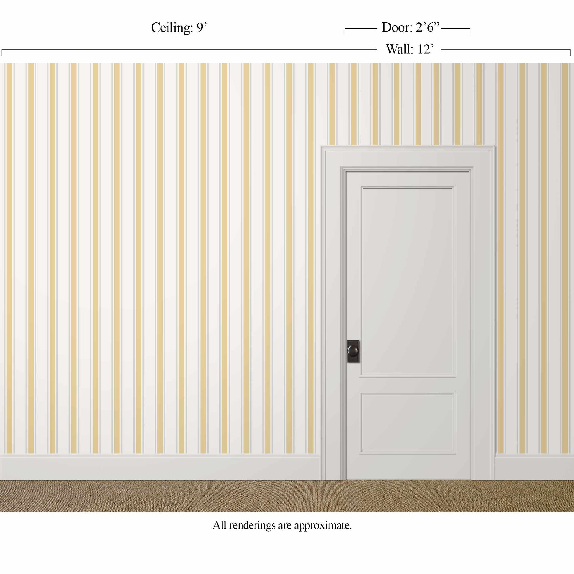 Narrow yellow and grey striped wallpaper in a bright home office