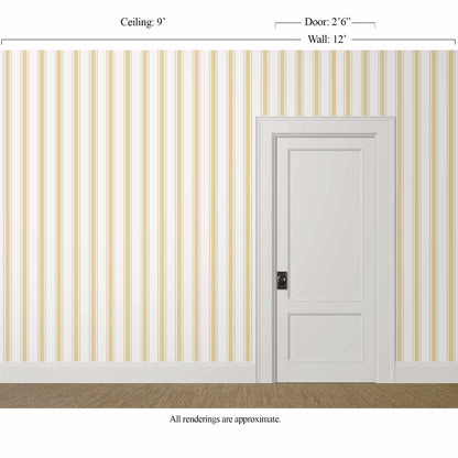 Narrow yellow and grey striped wallpaper in a bright home office