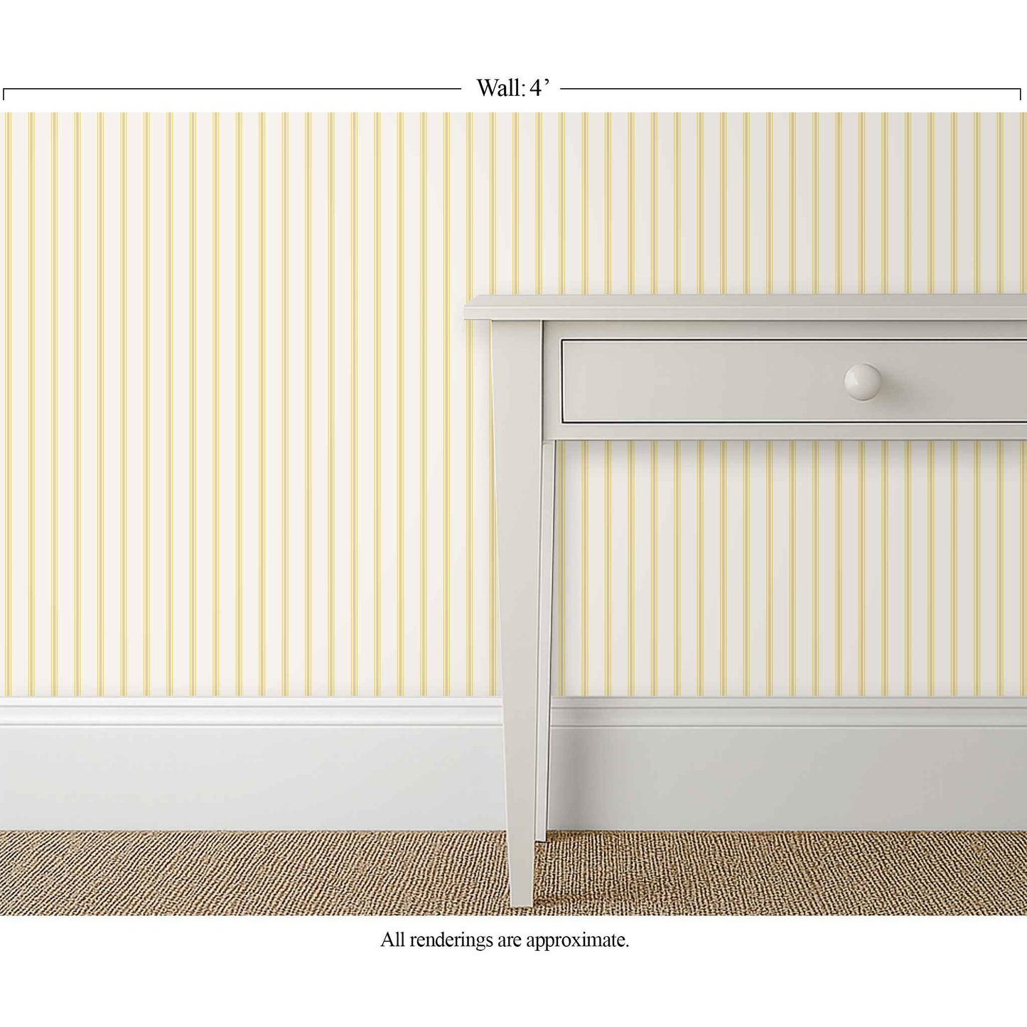 Fine-scale yellow and white ticking striped wallpaper in a bright breakfast room