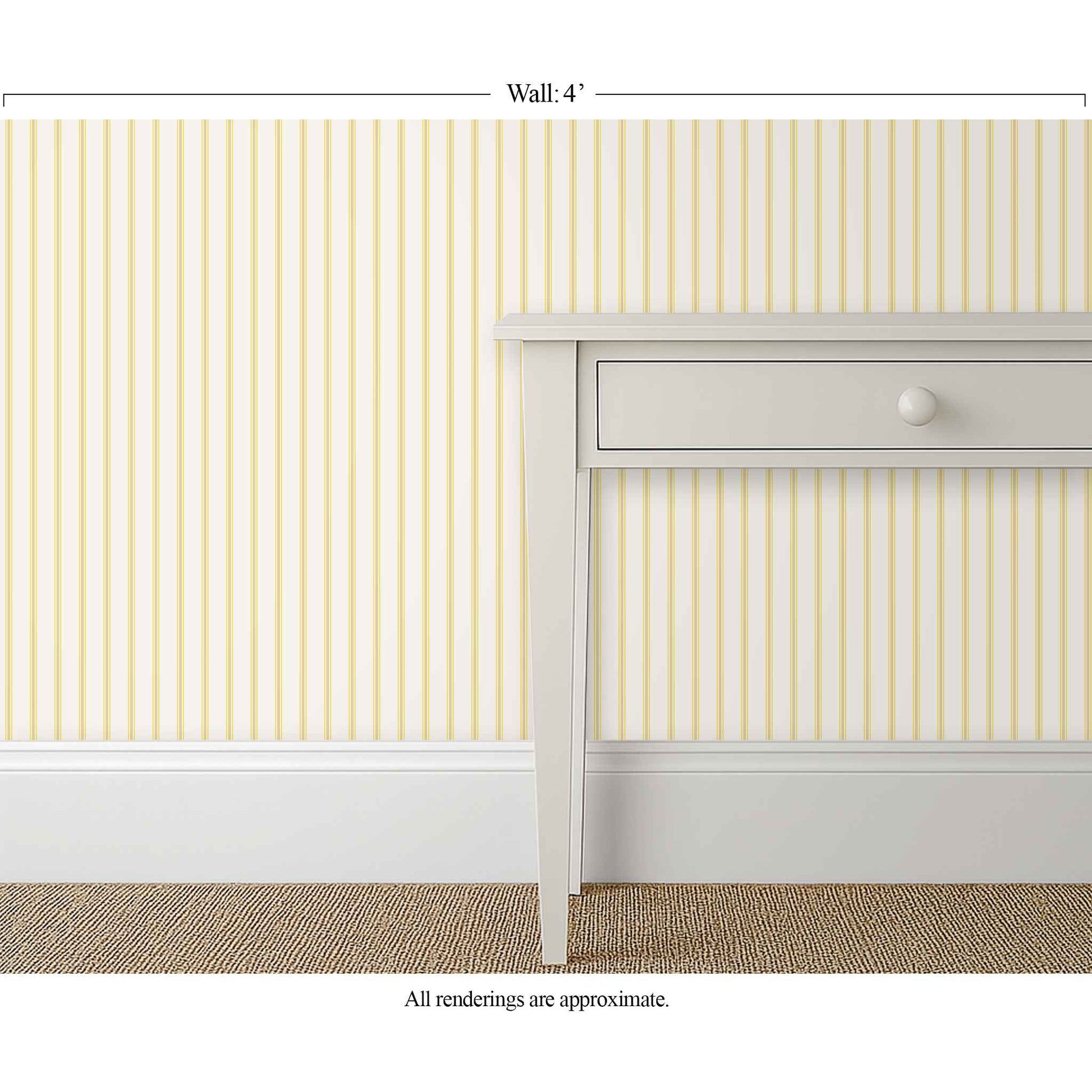 Fine-scale yellow and white ticking striped wallpaper in a bright breakfast room