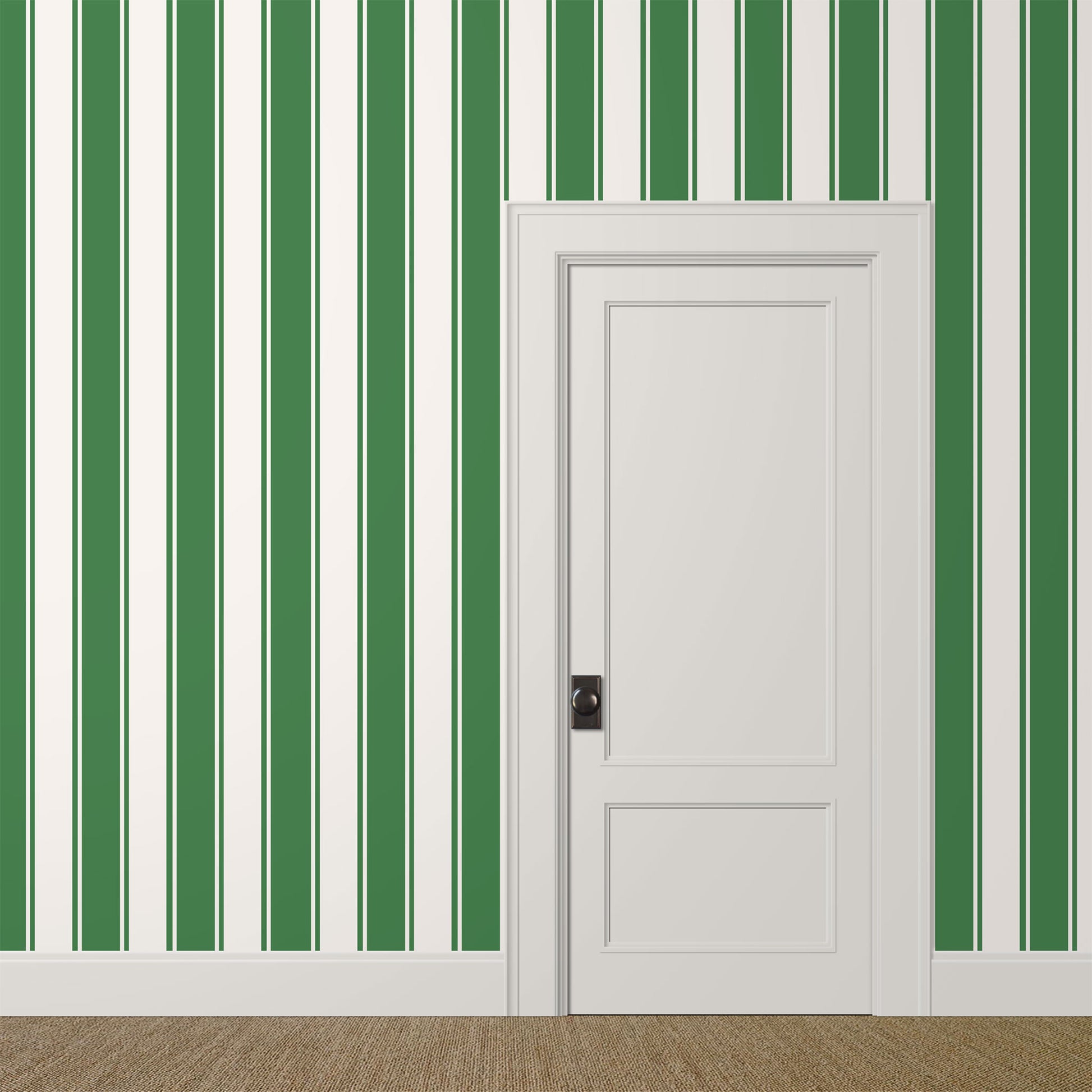 Bold-scale ivory and emerald green striped wallpaper in a sunlit clubhouse interior 