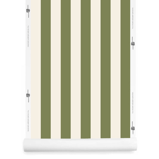 Olive green striped wallpaper roll – Alegre pattern in myrtle and neutral cream
