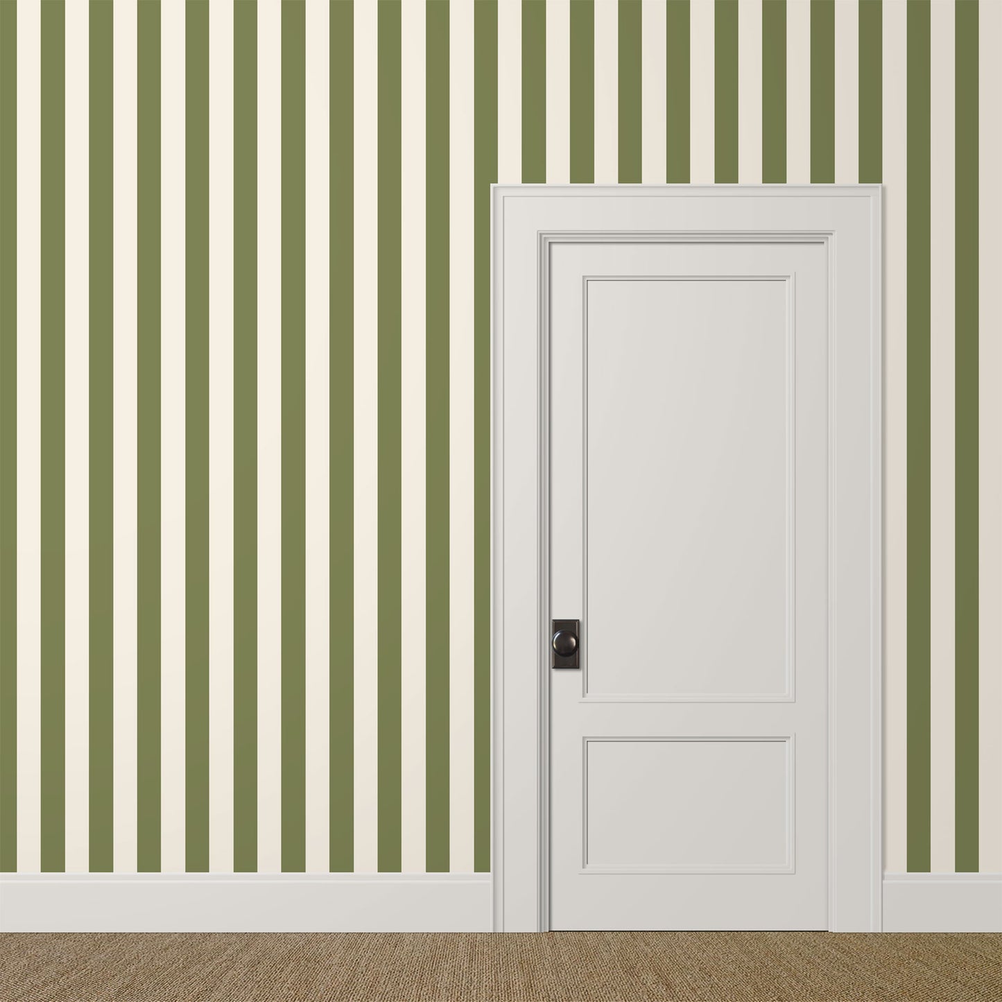 Olive green striped wallpaper with alternating myrtle and cream stripes in a bright, neutral living room interior